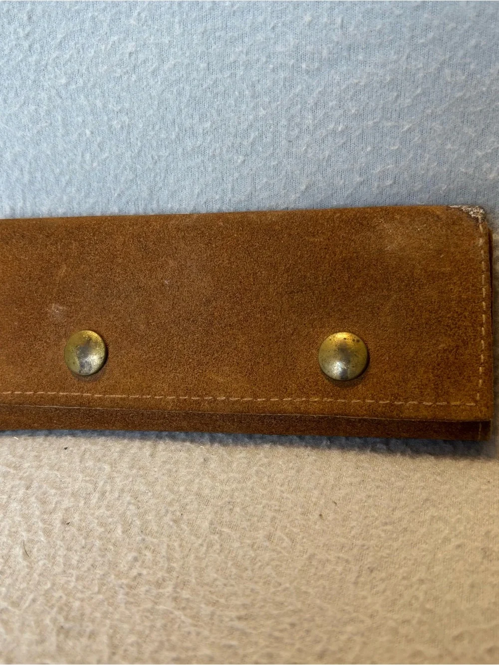 Vtg. Brown Cowhide Suede Leather Trifold Utility Wallet Clutch with Brass Studs